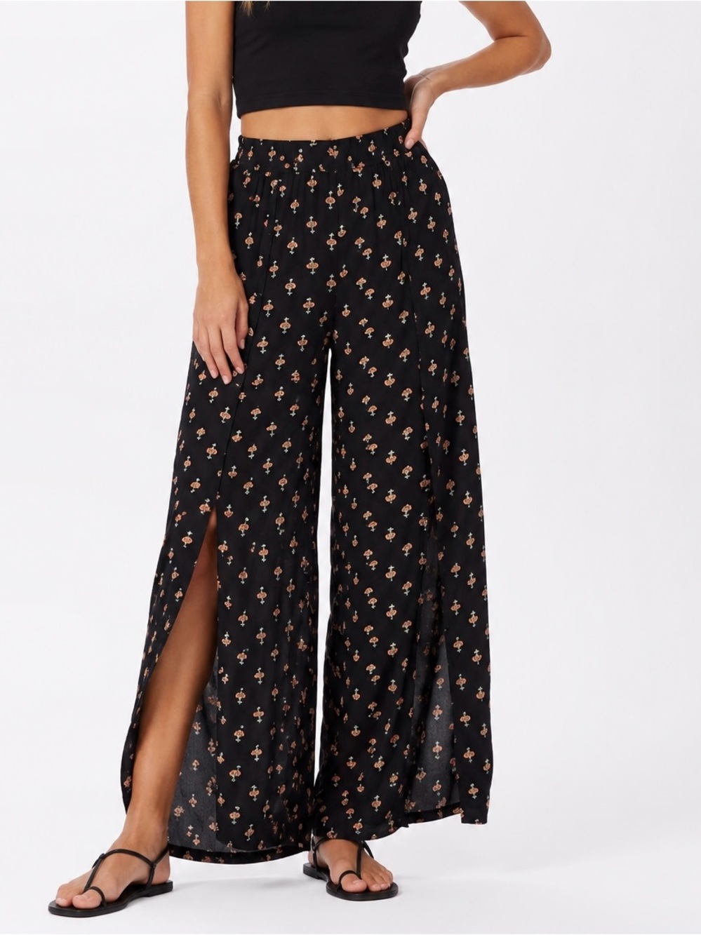 Billabong Split Leg Spirit Floral Wide Leg Pants Pull On Elastic Waist L